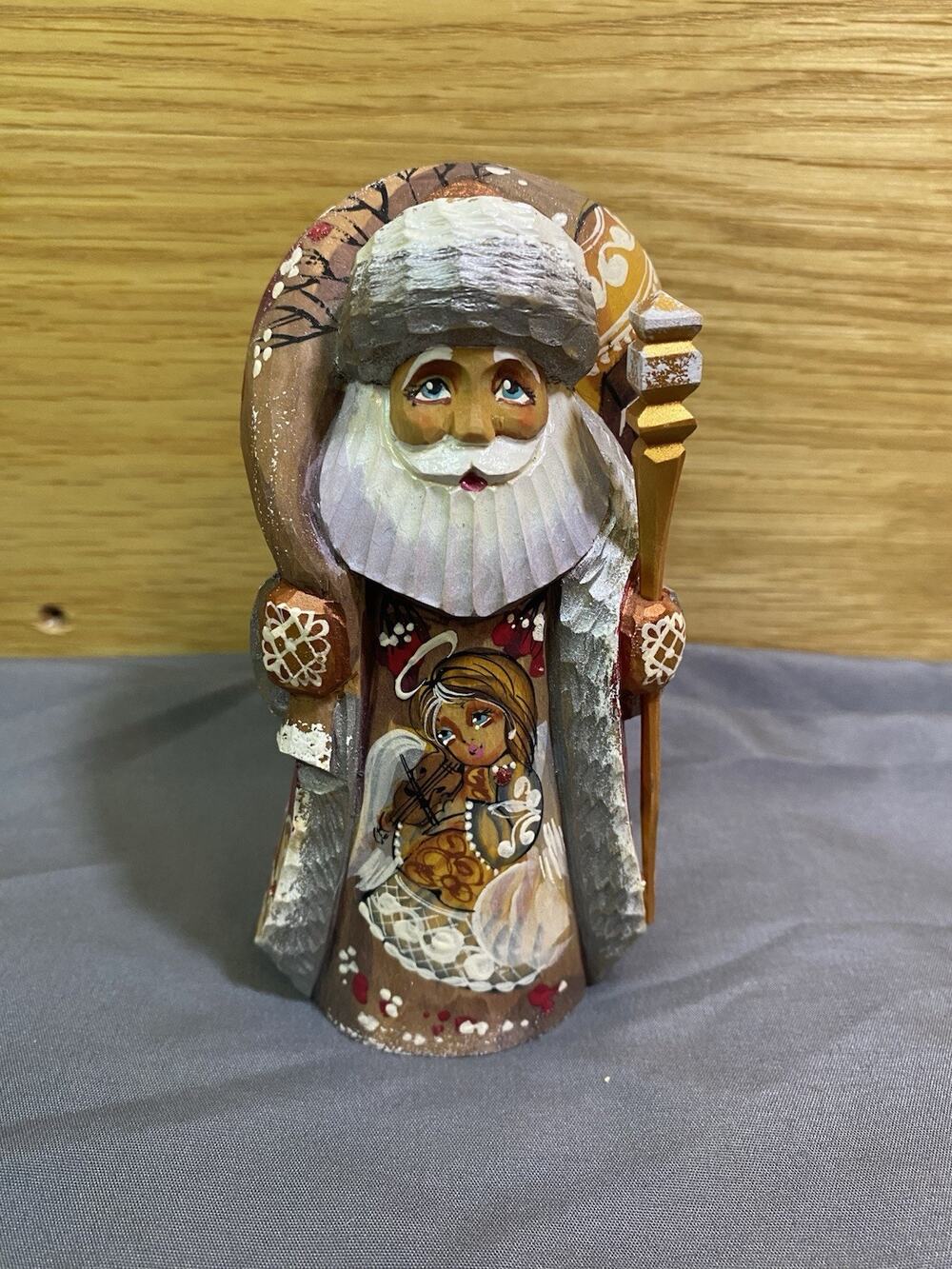 Russian Hand Carved & Painted Wood Santa Claus Christmas Angel Painting 5.5”